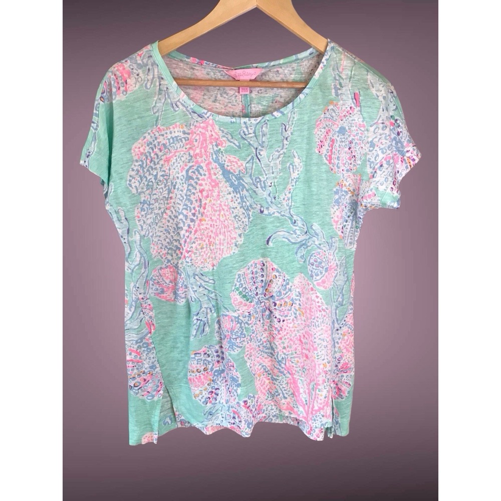 NWT Lilly Pulitzer Mikela Short Sleeve‎ Linen Top Shells Pink Minty Fresh XS